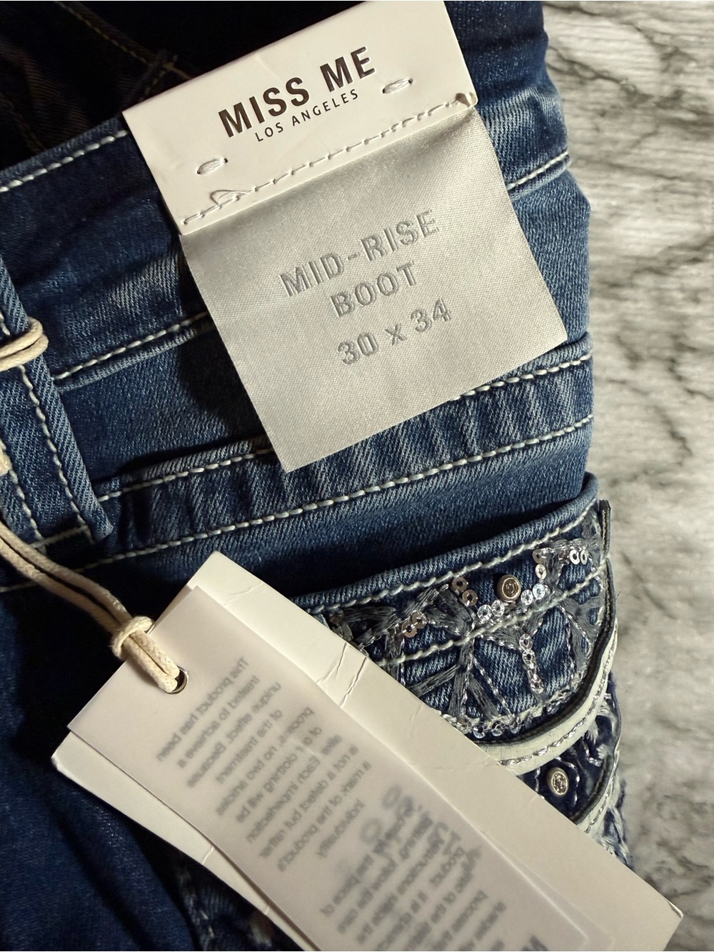 NWT Miss Me Jeans 30x34 Mid Rise Boot Dark Wash Dreamcatcher Pocket Stretch $134 - Picture 6 of 6